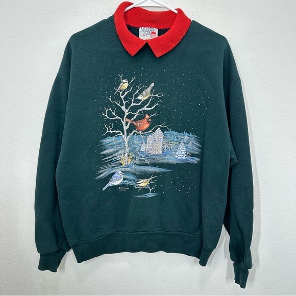 Vintage Red Cardinal Grandma Collared Green Sweatshirt Size Large Birding Winter - Picture 1 of 5